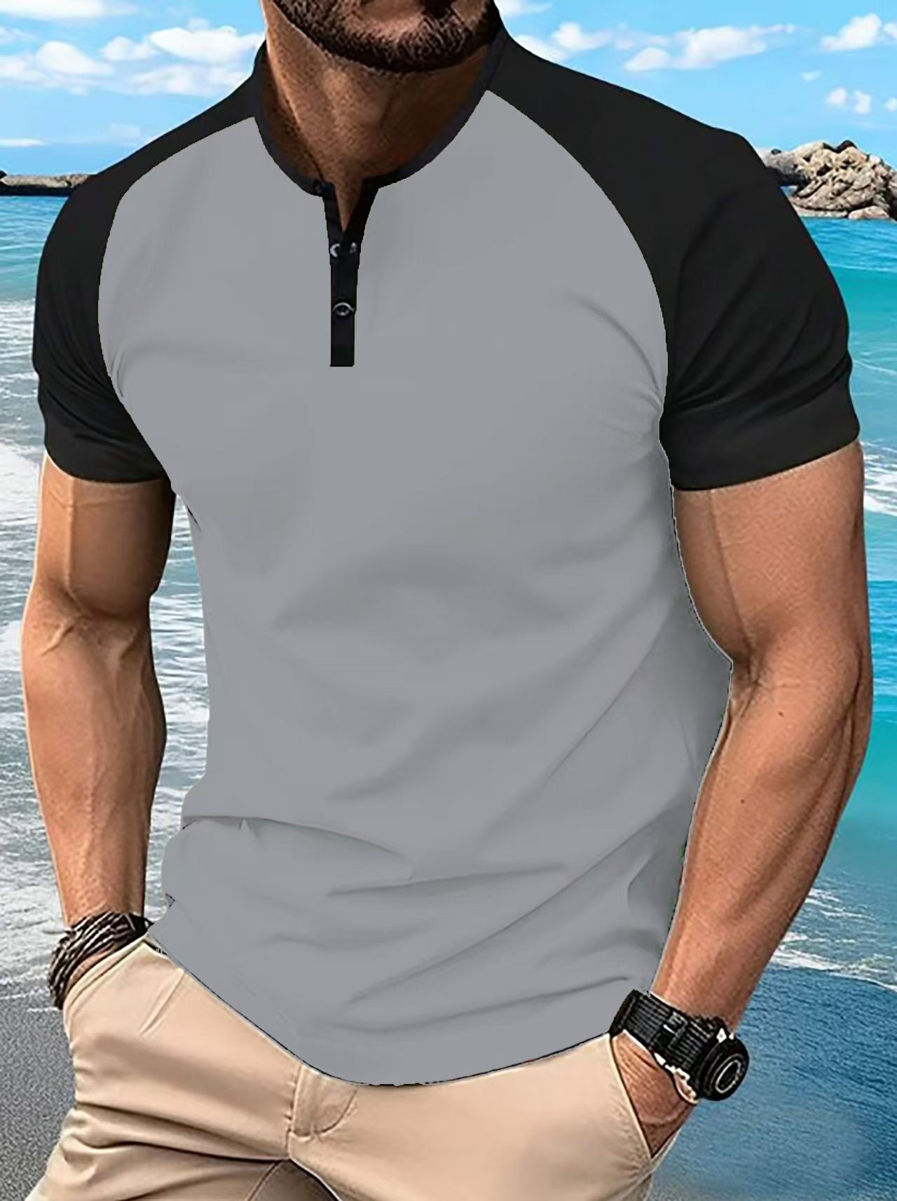 KZZ  Men's button-down Henley collar sports polo shirt