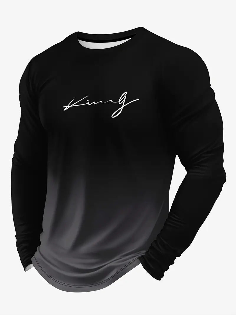 KZZ Men's Casual Long Sleeve T-Shirt, Gradient Color Round Neck, Letter Print Design