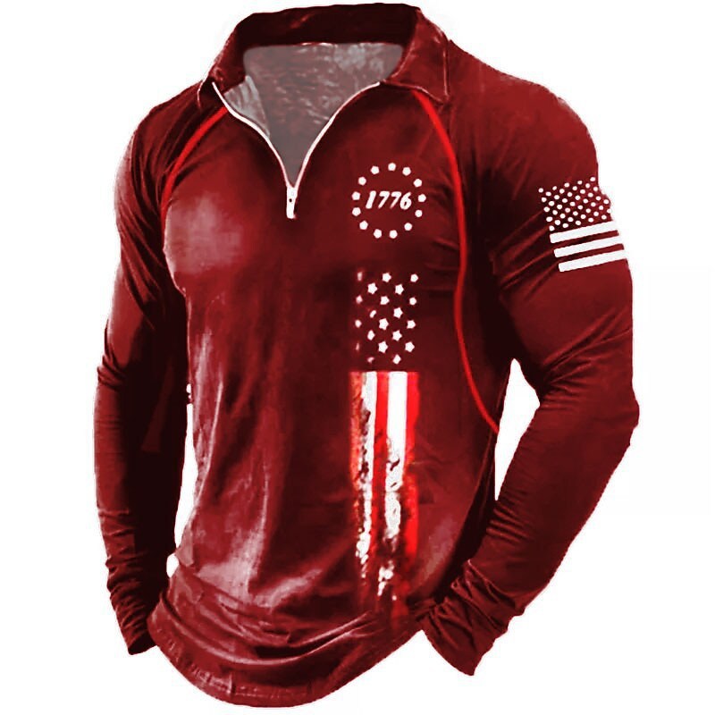 KZZ Men's American flag print long-sleeved polo shirt
