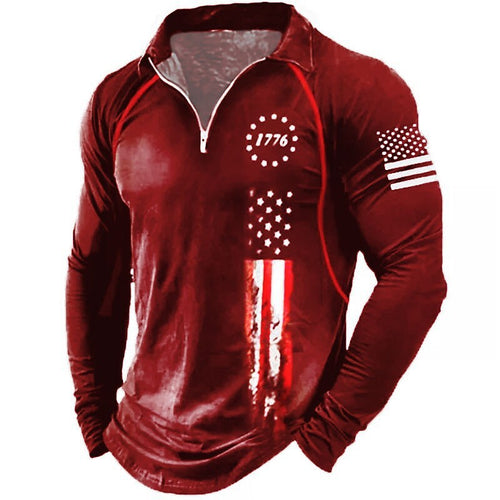 KZZ Men's American flag print long-sleeved polo shirt