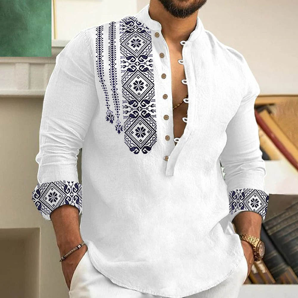 KZZ Men's Ethnic Pattern Casual Printed Half Button Shirt