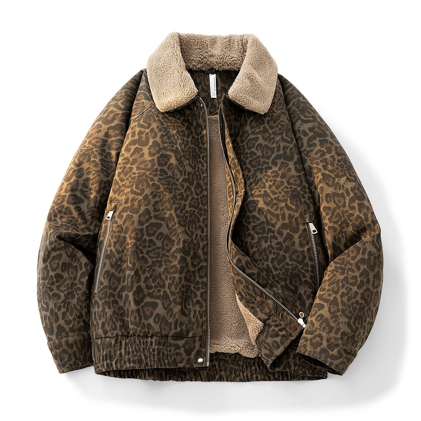 KZZ Vintage Leopard Print Lapel Fleece Lined Warm Jacket