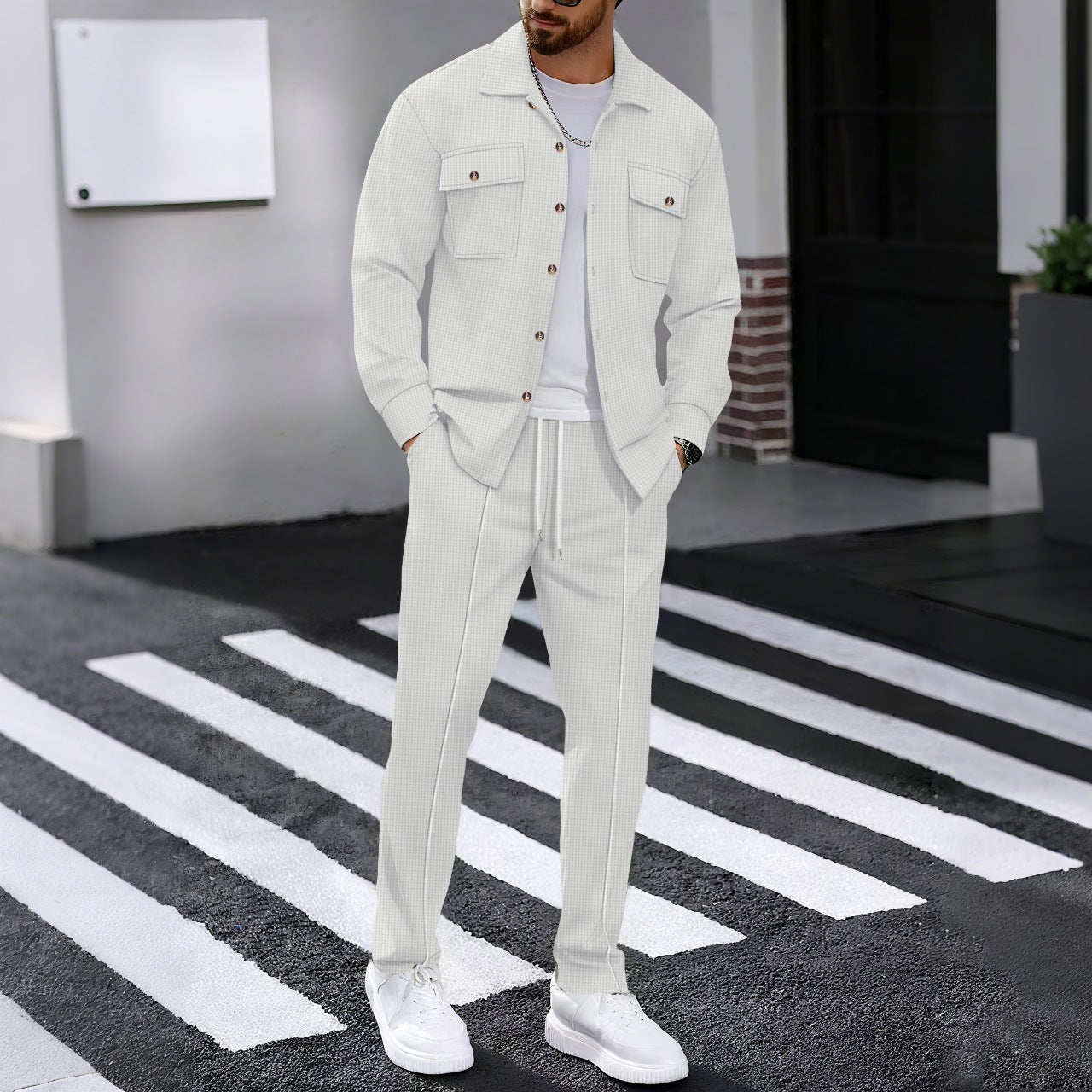 KZZ Men's Long Sleeve Shirt & Drawstring Pants Set