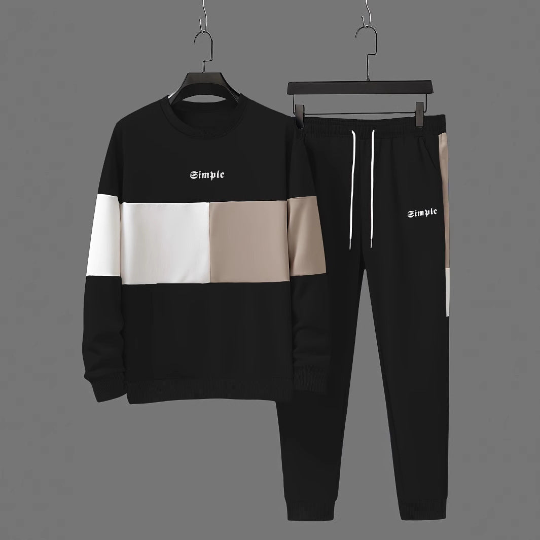 KZZ Men's Patchwork Letter Print Sweatshirt & Drawstring Waist Sweatpants Set