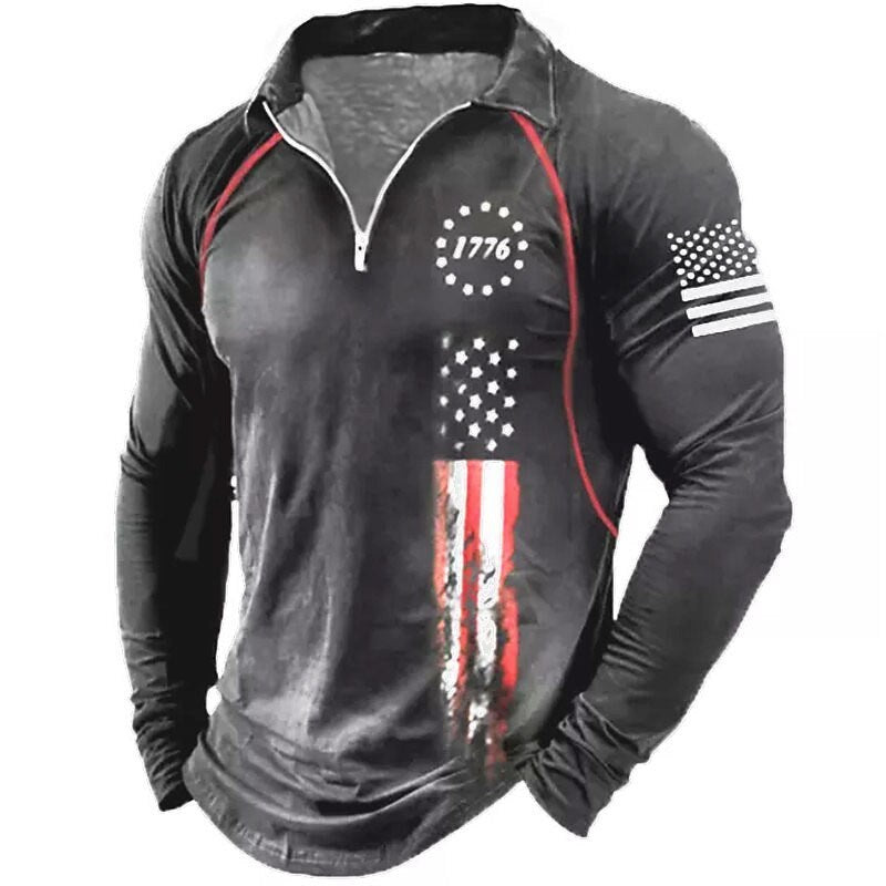 KZZ Men's American flag print long-sleeved polo shirt