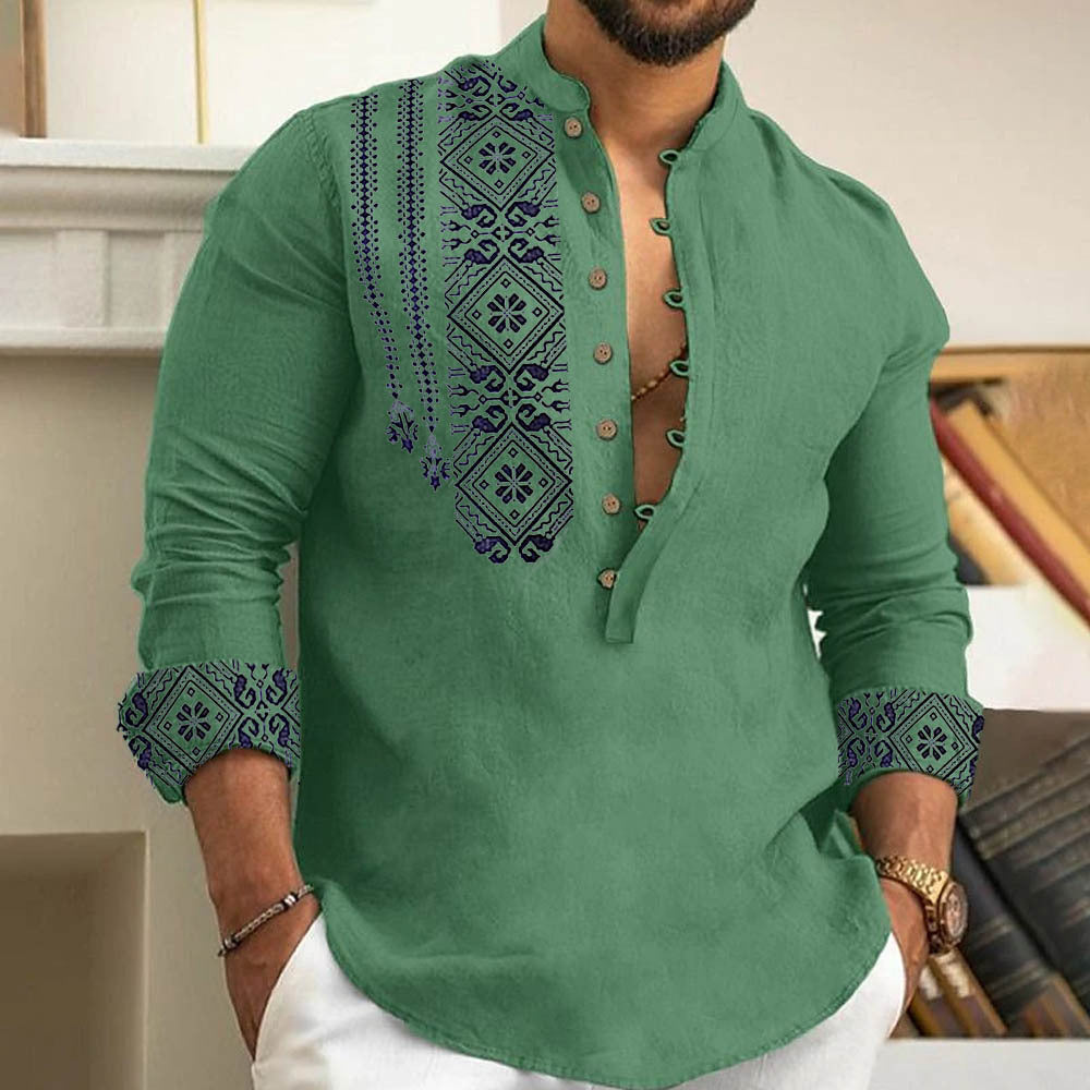 KZZ Men's Ethnic Pattern Casual Printed Half Button Shirt