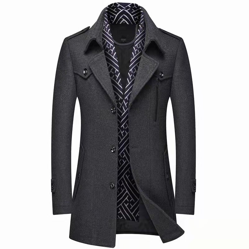 KZZ Men's Trench Coat with Detachable Soft Scarf Notched Collar Single Breasted Pea Coat Overcoat