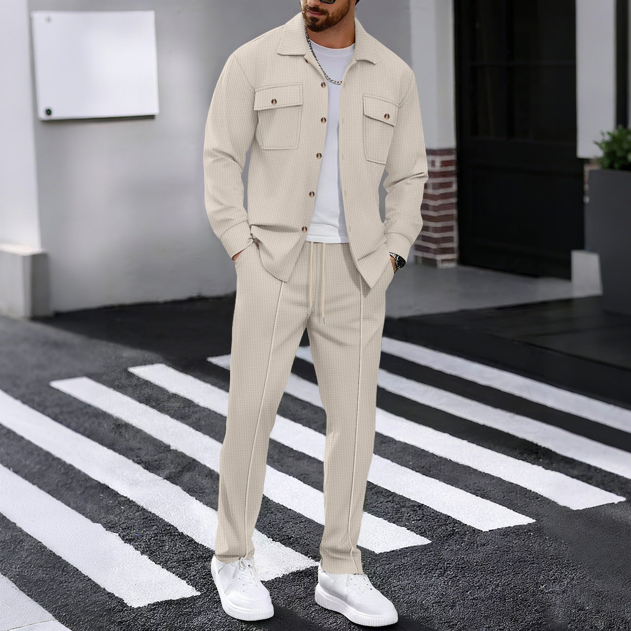 KZZ Men's Long Sleeve Shirt & Drawstring Pants Set