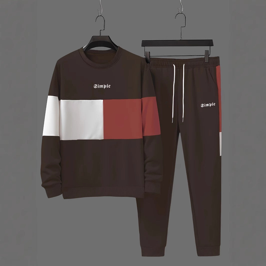 KZZ Men's Patchwork Letter Print Sweatshirt & Drawstring Waist Sweatpants Set