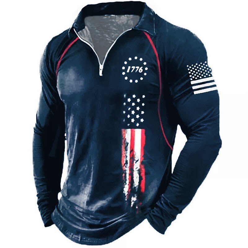KZZ Men's American flag print long-sleeved polo shirt