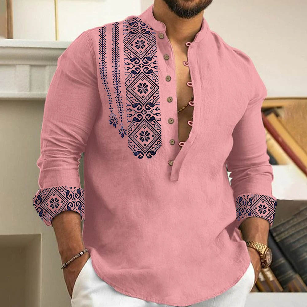 KZZ Men's Ethnic Pattern Casual Printed Half Button Shirt