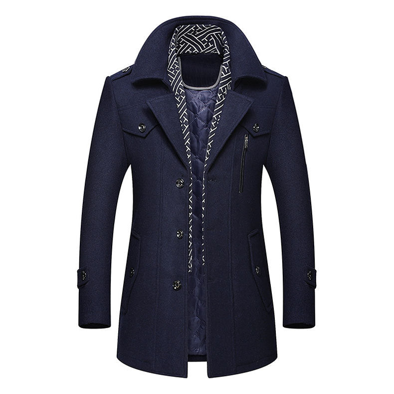 KZZ Men's Trench Coat with Detachable Soft Scarf Notched Collar Single Breasted Pea Coat Overcoat