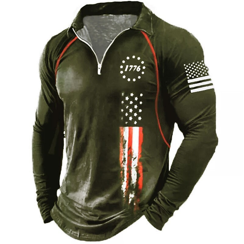 KZZ Men's American flag print long-sleeved polo shirt
