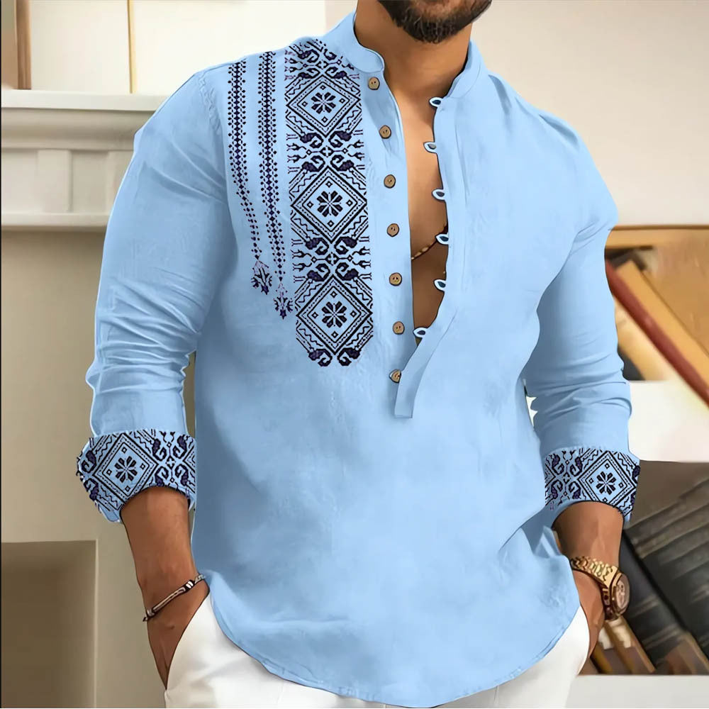 KZZ Men's Ethnic Pattern Casual Printed Half Button Shirt