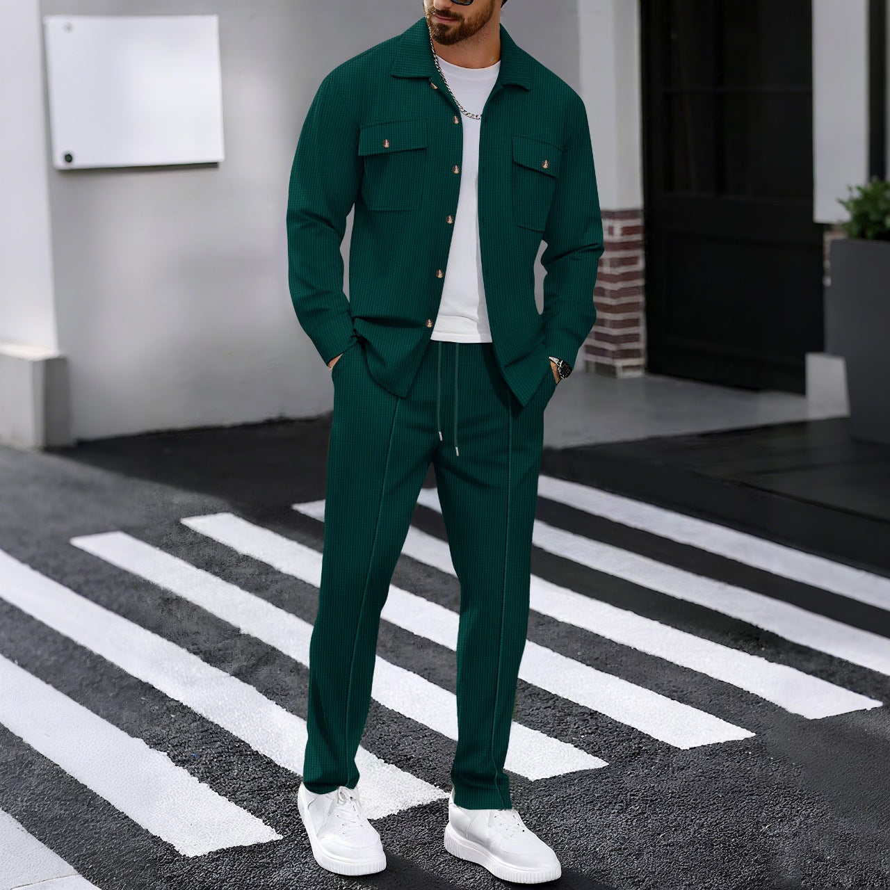 KZZ Men's Long Sleeve Shirt & Drawstring Pants Set