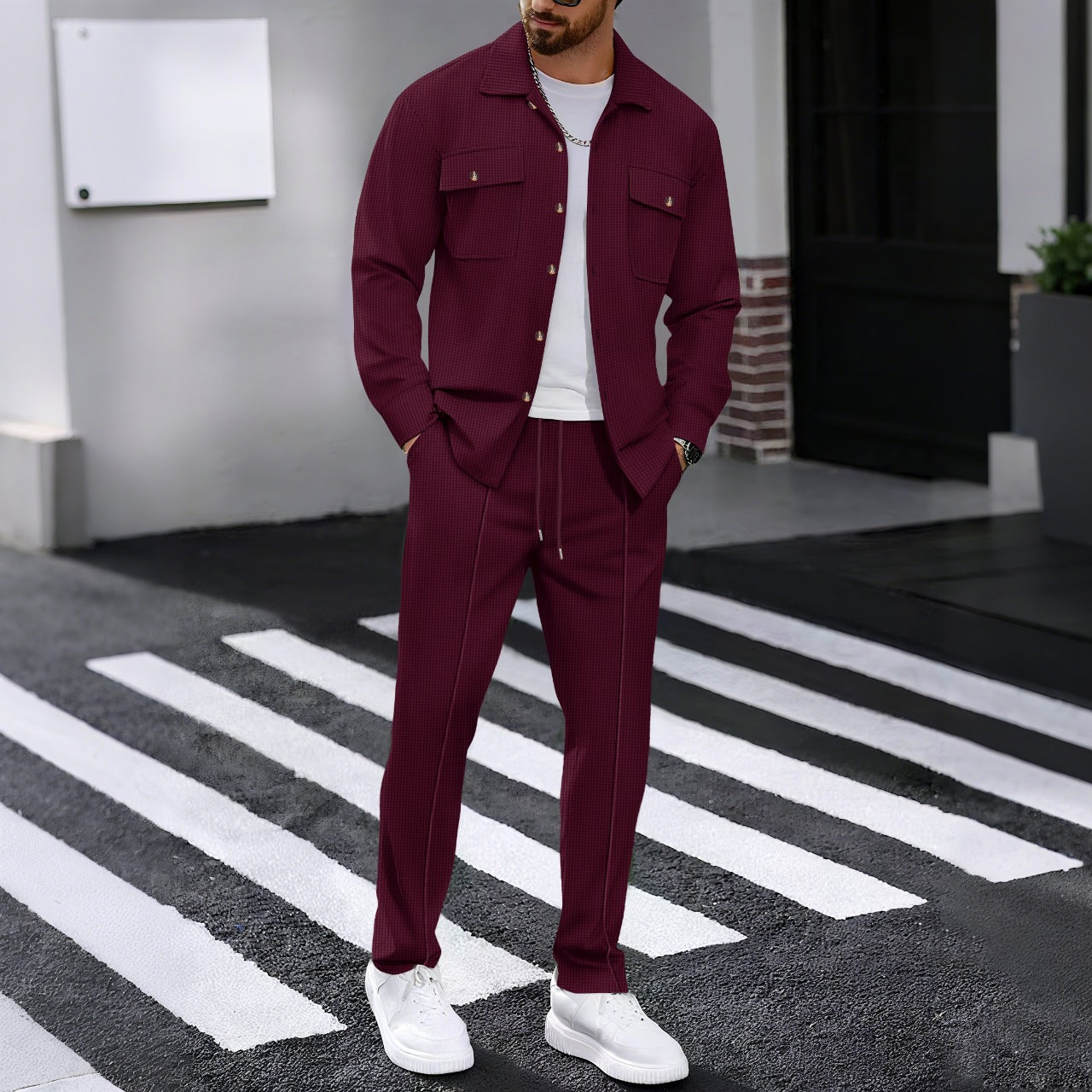 KZZ Men's Long Sleeve Shirt & Drawstring Pants Set