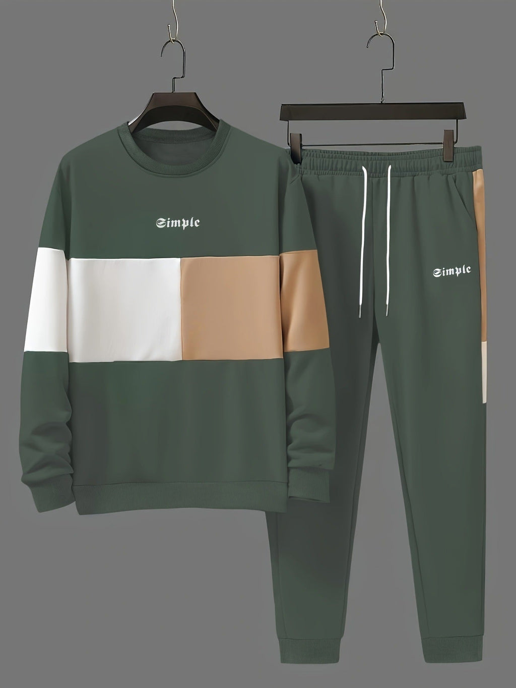 KZZ Men's Patchwork Letter Print Sweatshirt & Drawstring Waist Sweatpants Set