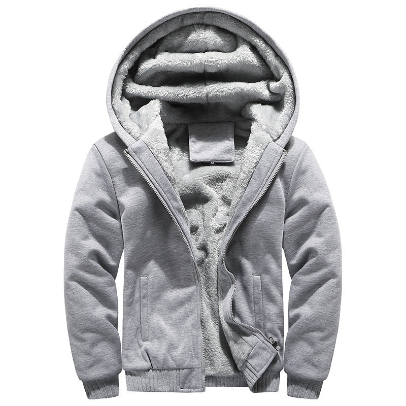 KZZ Thickened Fleece Solid Color Hooded Cardigan - Men's Winter Sweatshirt Jacket