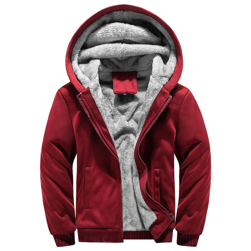 KZZ Thickened Fleece Solid Color Hooded Cardigan - Men's Winter Sweatshirt Jacket