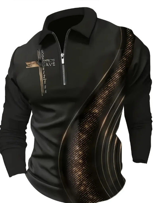 KZZ Men's black gold contrasting half zipper polo shirt