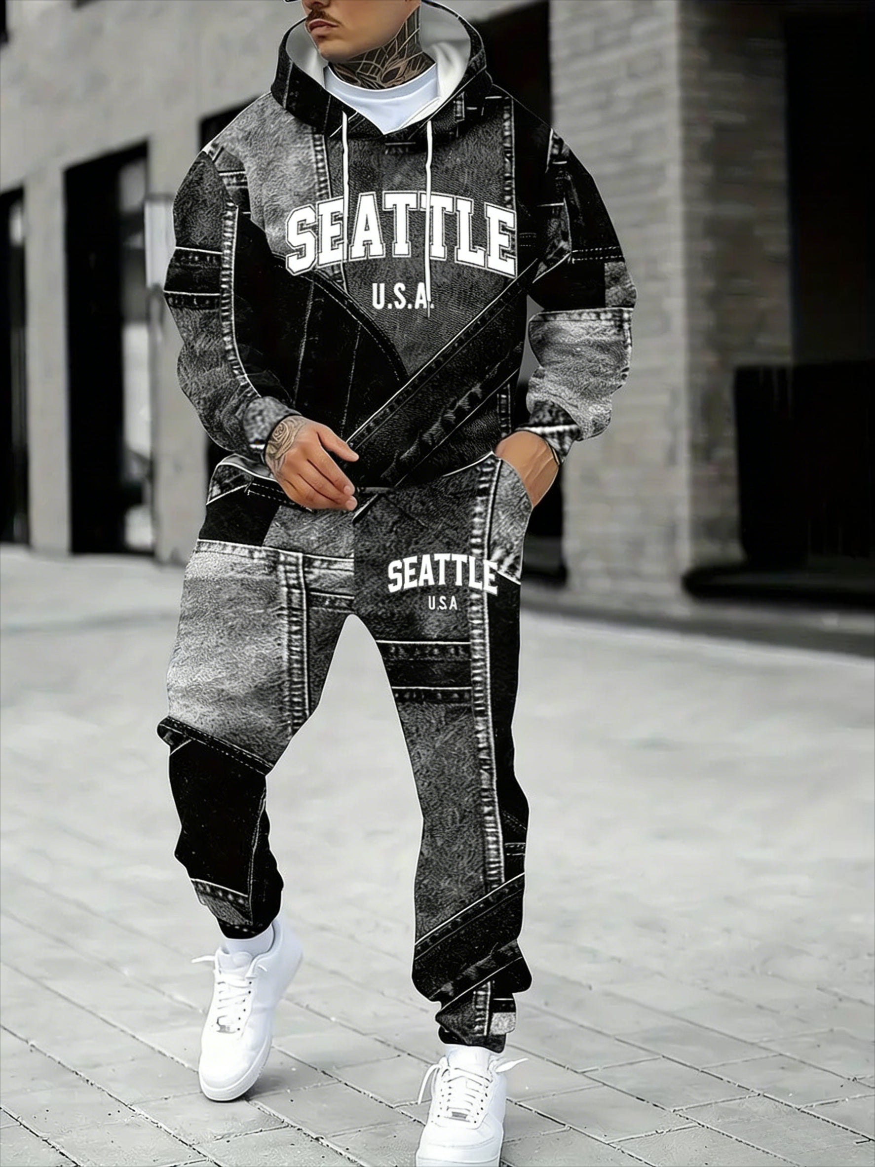 KZZ Men's Fall Winter Hooded Sweatshirt & Pants Set