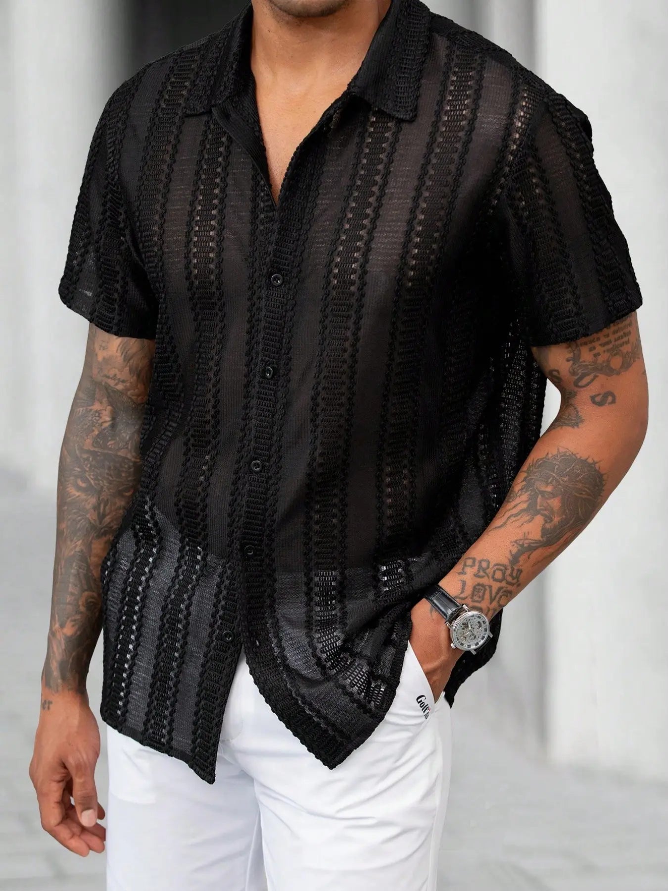 KZZ Men's Semi-Sheer Short-Sleeve Shirt