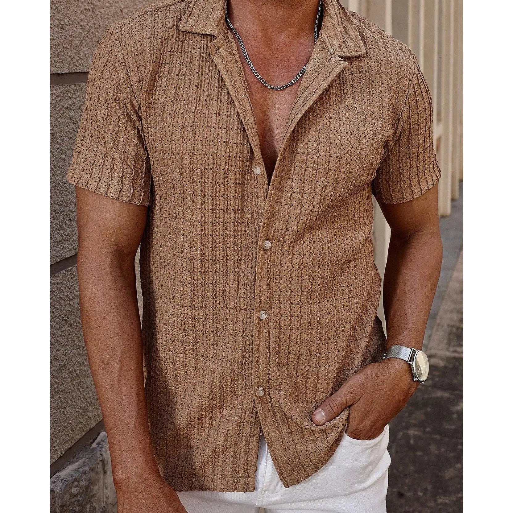 KZZ Men's casual striped short-sleeved shirt