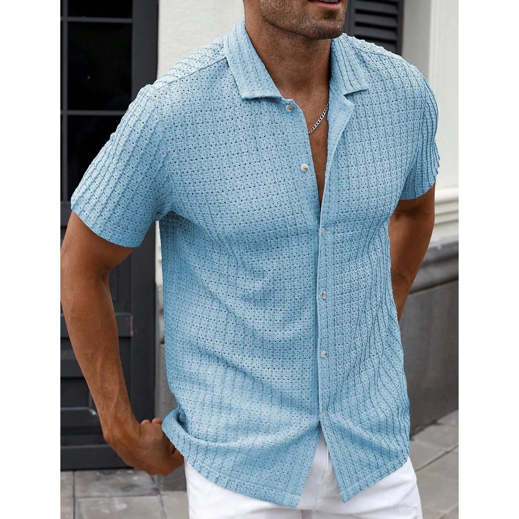 KZZ Men's casual striped short-sleeved shirt