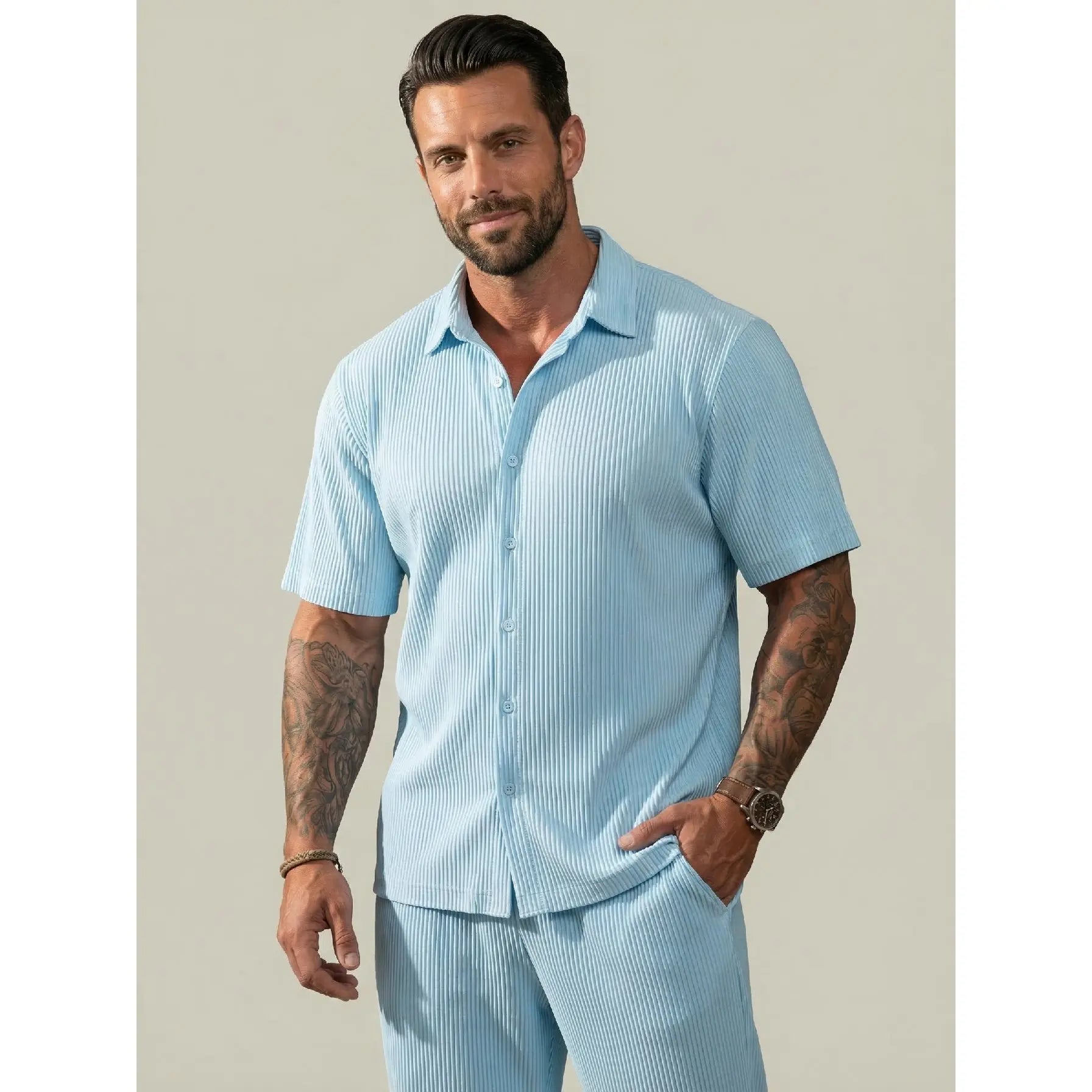 KZZ Solid-Color & Striped Short-Sleeve Two-Piece Set