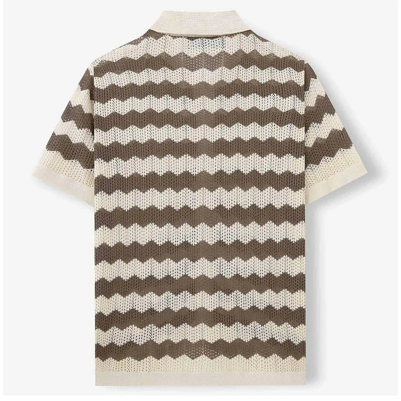 KZZ Men's Retro Hong Kong Style Wavy Open-Knit Polo Shirt