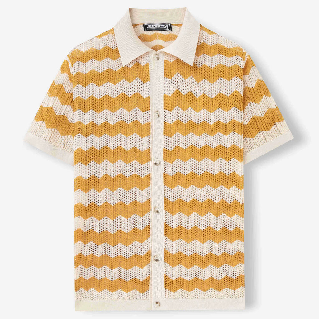 KZZ Men's Retro Hong Kong Style Wavy Open-Knit Polo Shirt