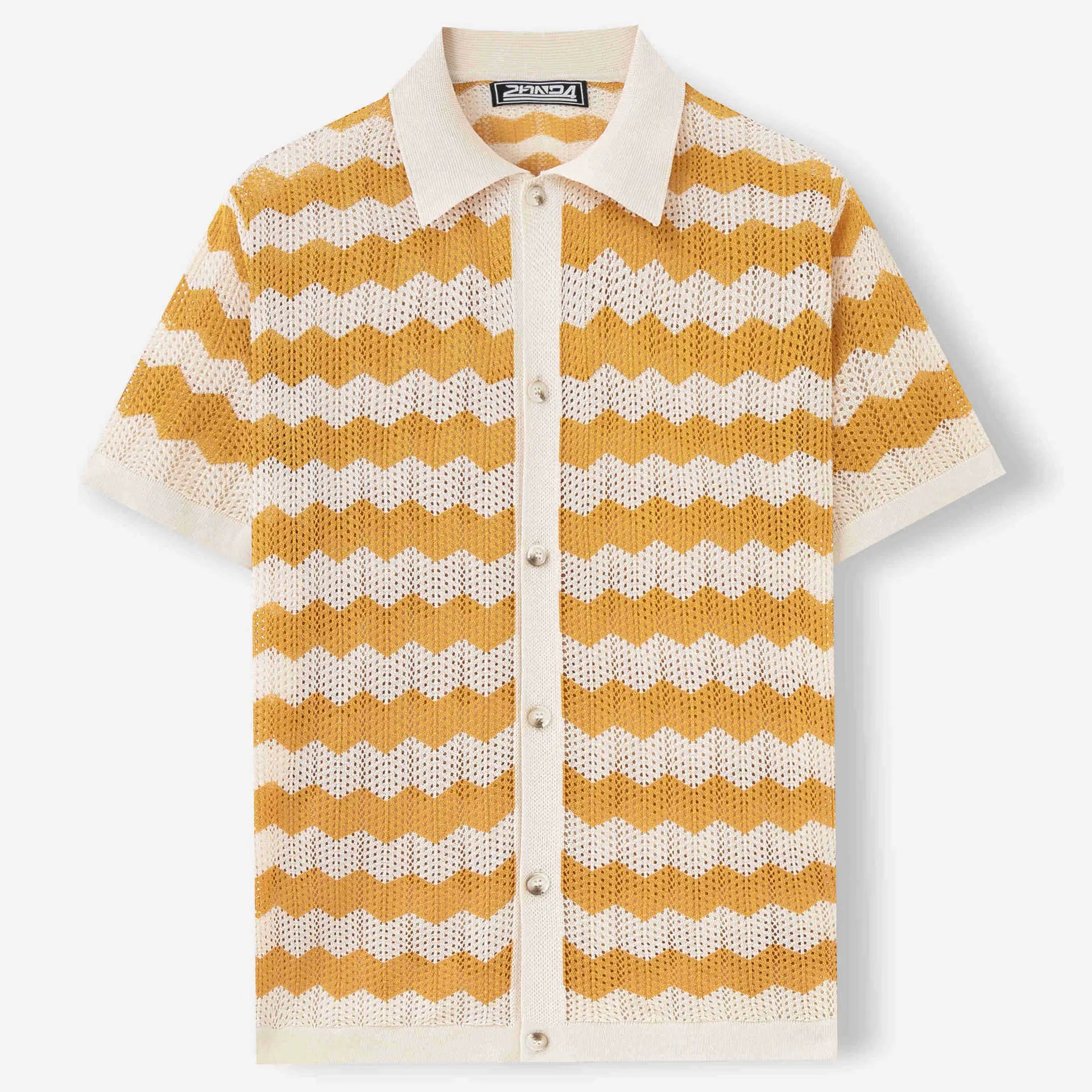 KZZ Men's Retro Hong Kong Style Wavy Open-Knit Polo Shirt
