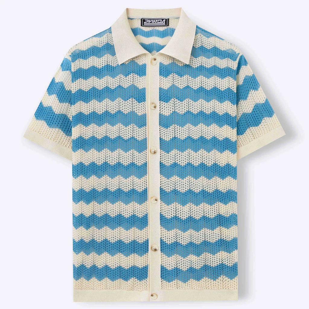 KZZ Men's Retro Hong Kong Style Wavy Open-Knit Polo Shirt