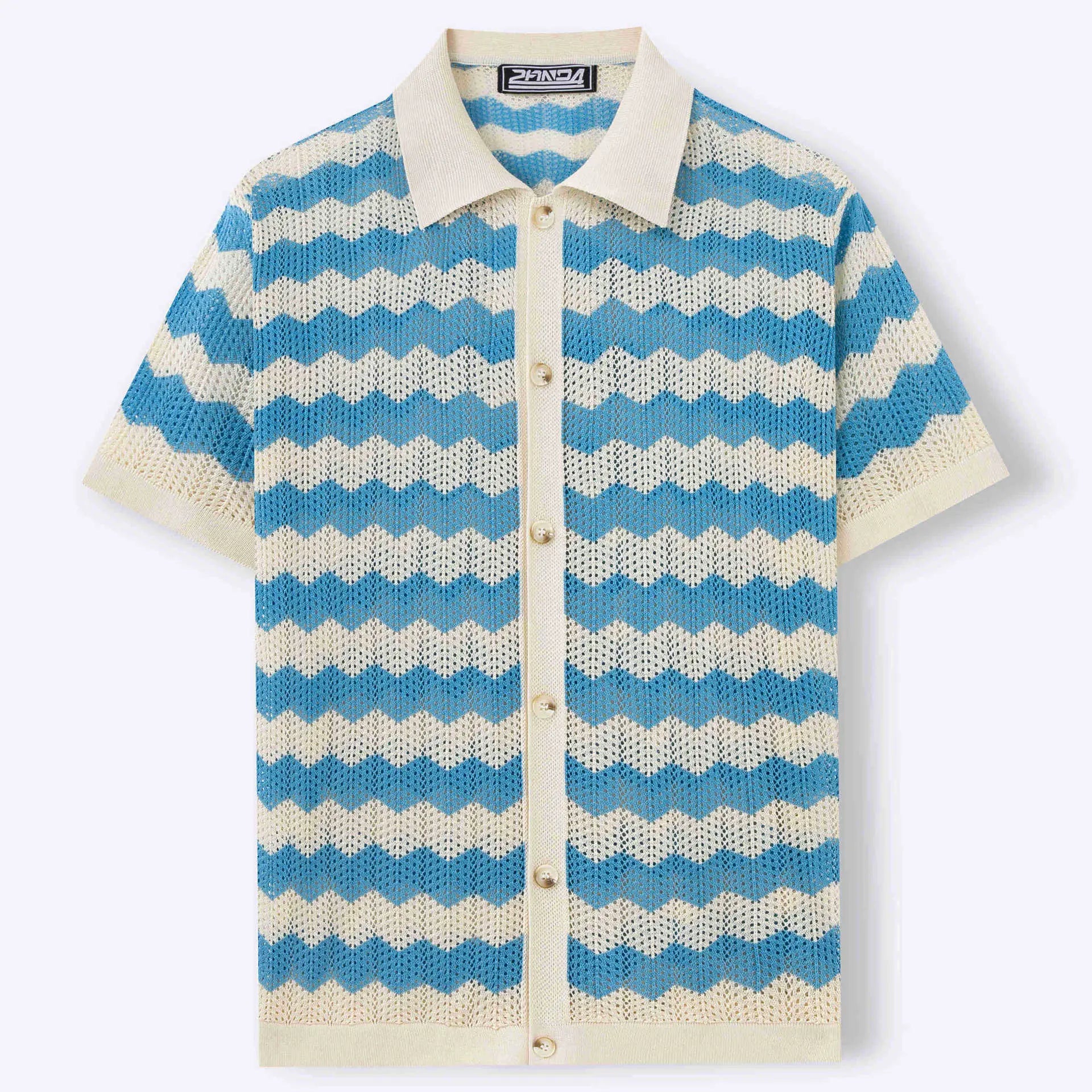 KZZ Men's Retro Hong Kong Style Wavy Open-Knit Polo Shirt