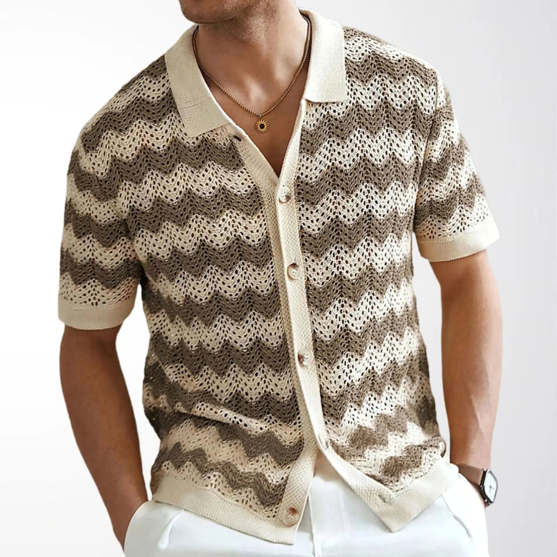 KZZ Men's Retro Hong Kong Style Wavy Open-Knit Polo Shirt