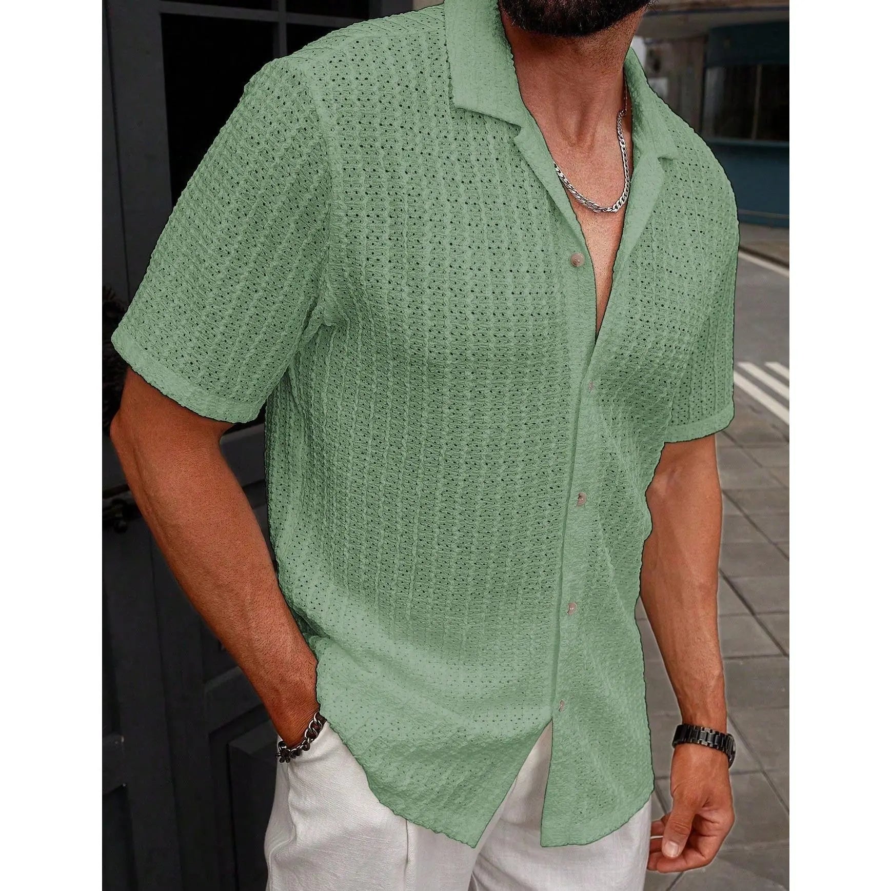 KZZ Men's casual striped short-sleeved shirt