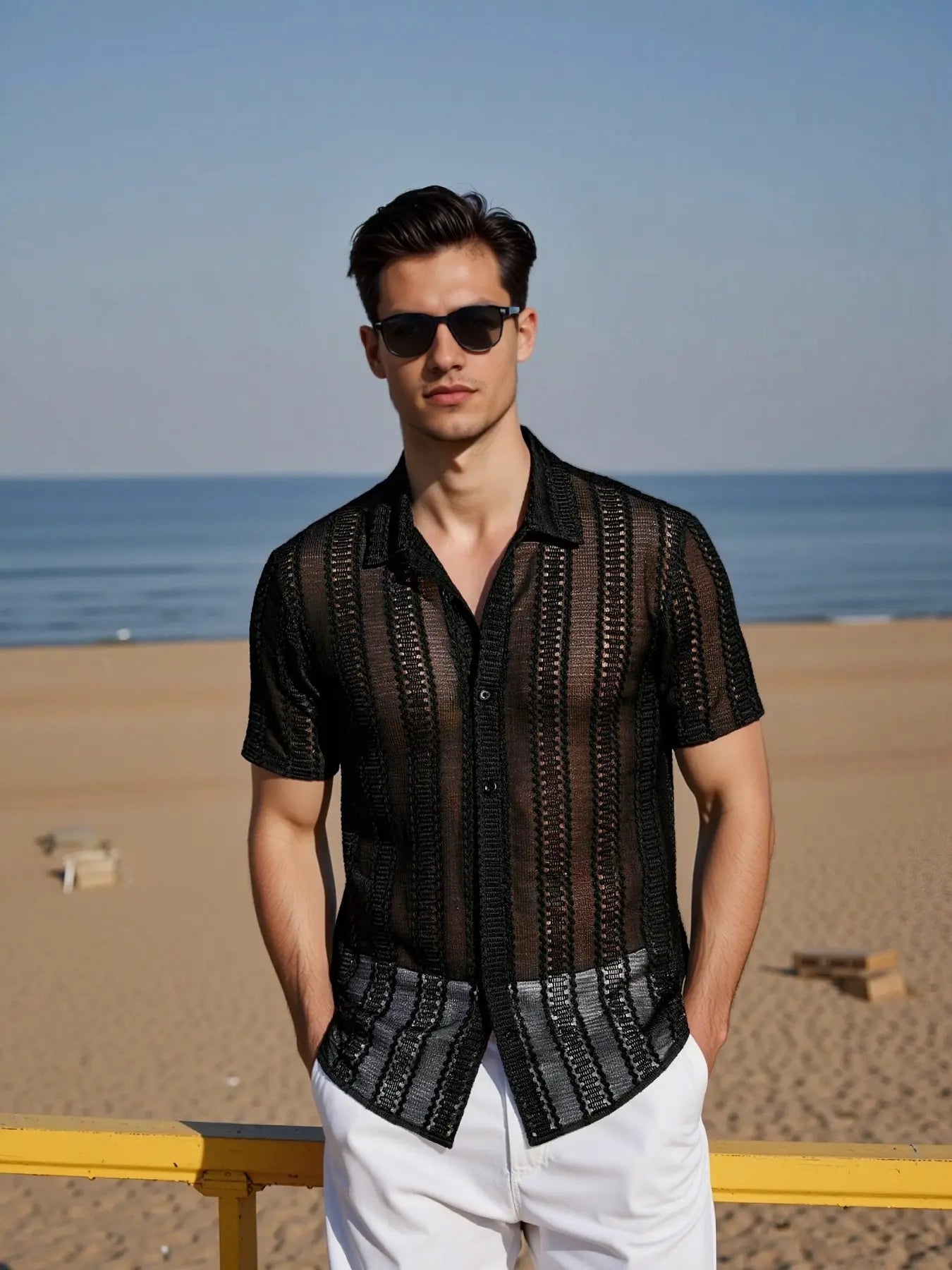 KZZ Men's Semi-Sheer Short-Sleeve Shirt