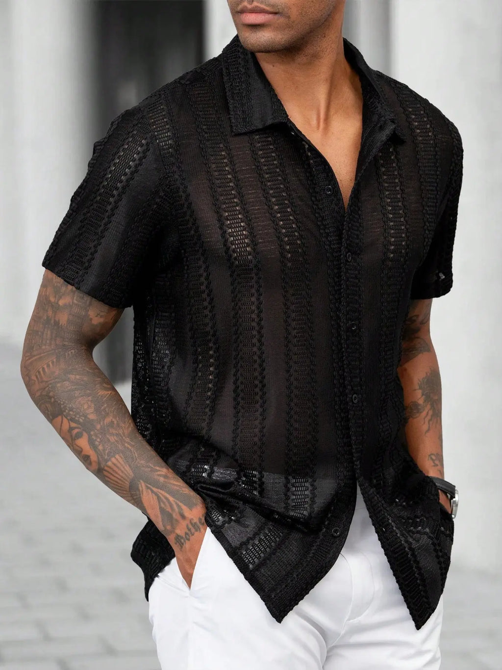 KZZ Men's Semi-Sheer Short-Sleeve Shirt