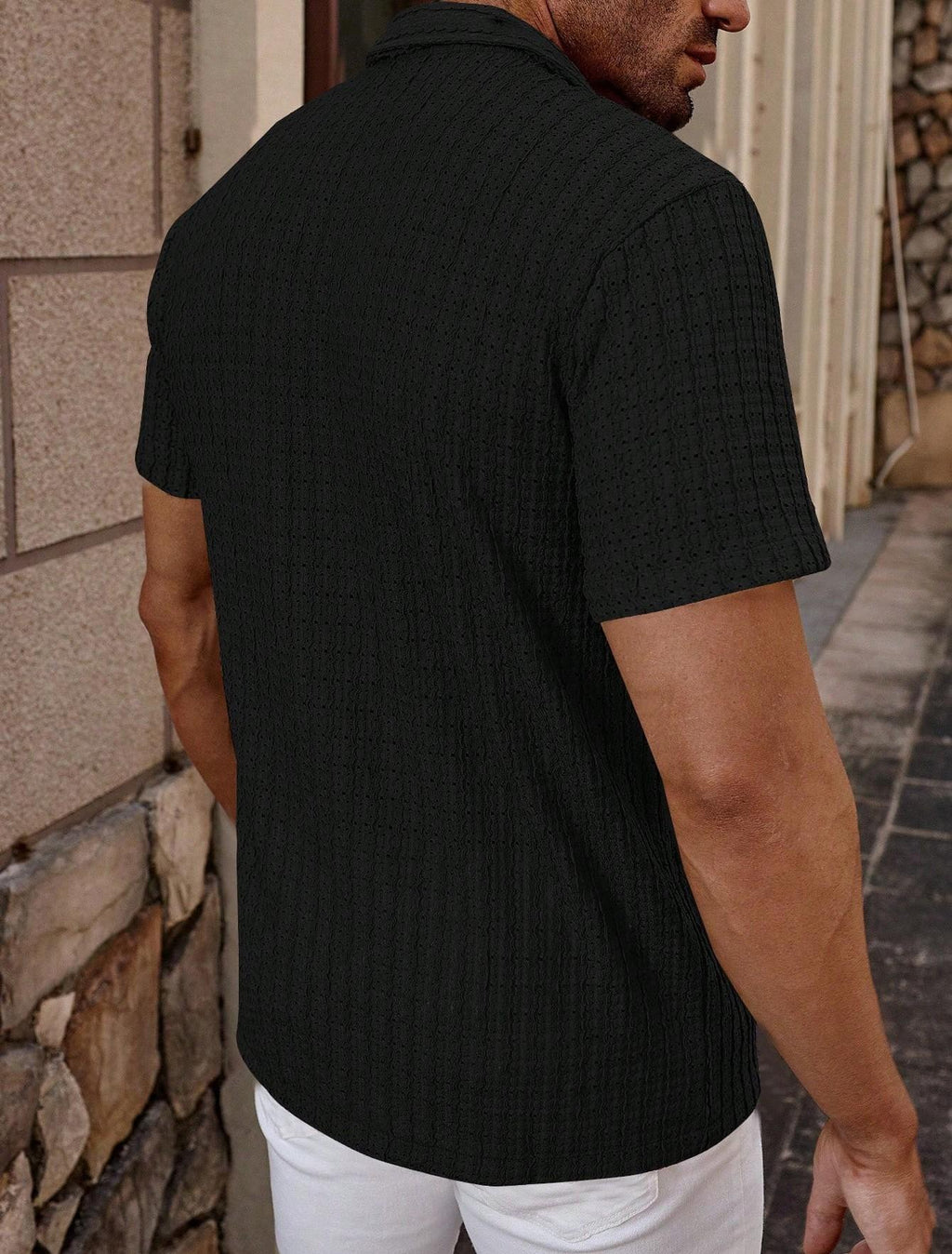 KZZ Men's casual striped short-sleeved shirt
