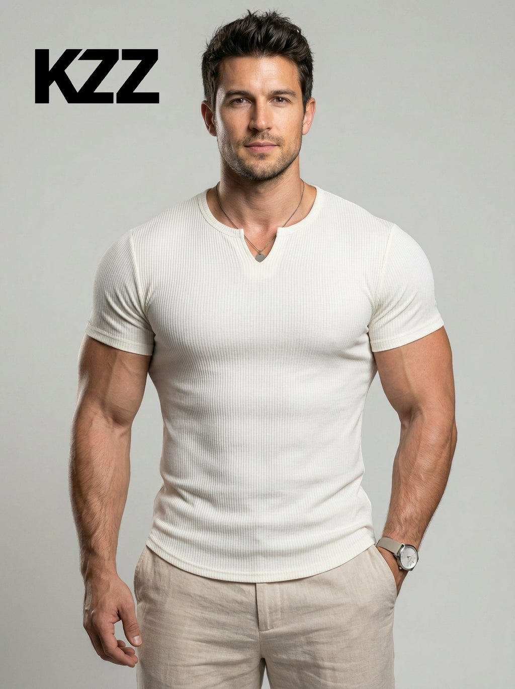 KZZ Men's Spring Summer Outfits Vertical Striped Textured V-Neck Short Sleeve T-Shirt