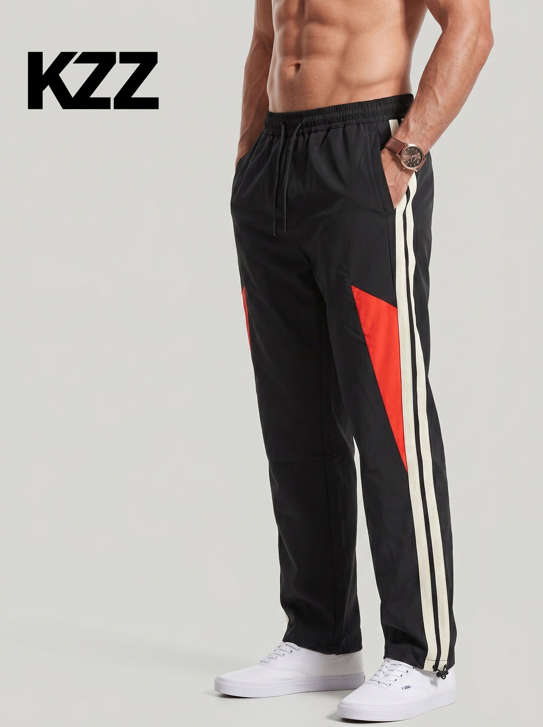 KZZ Men's Color-Block Printed Wide-Leg Pants with Drawstring Waist