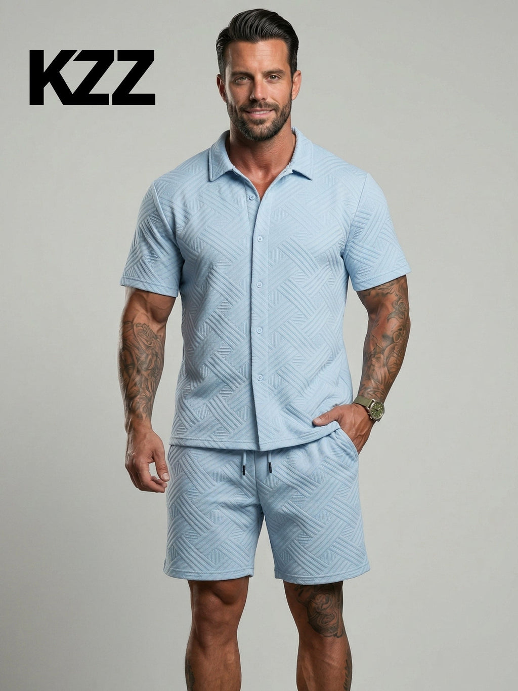 KZZ Short-sleeve button-down shirt and drawstring shorts