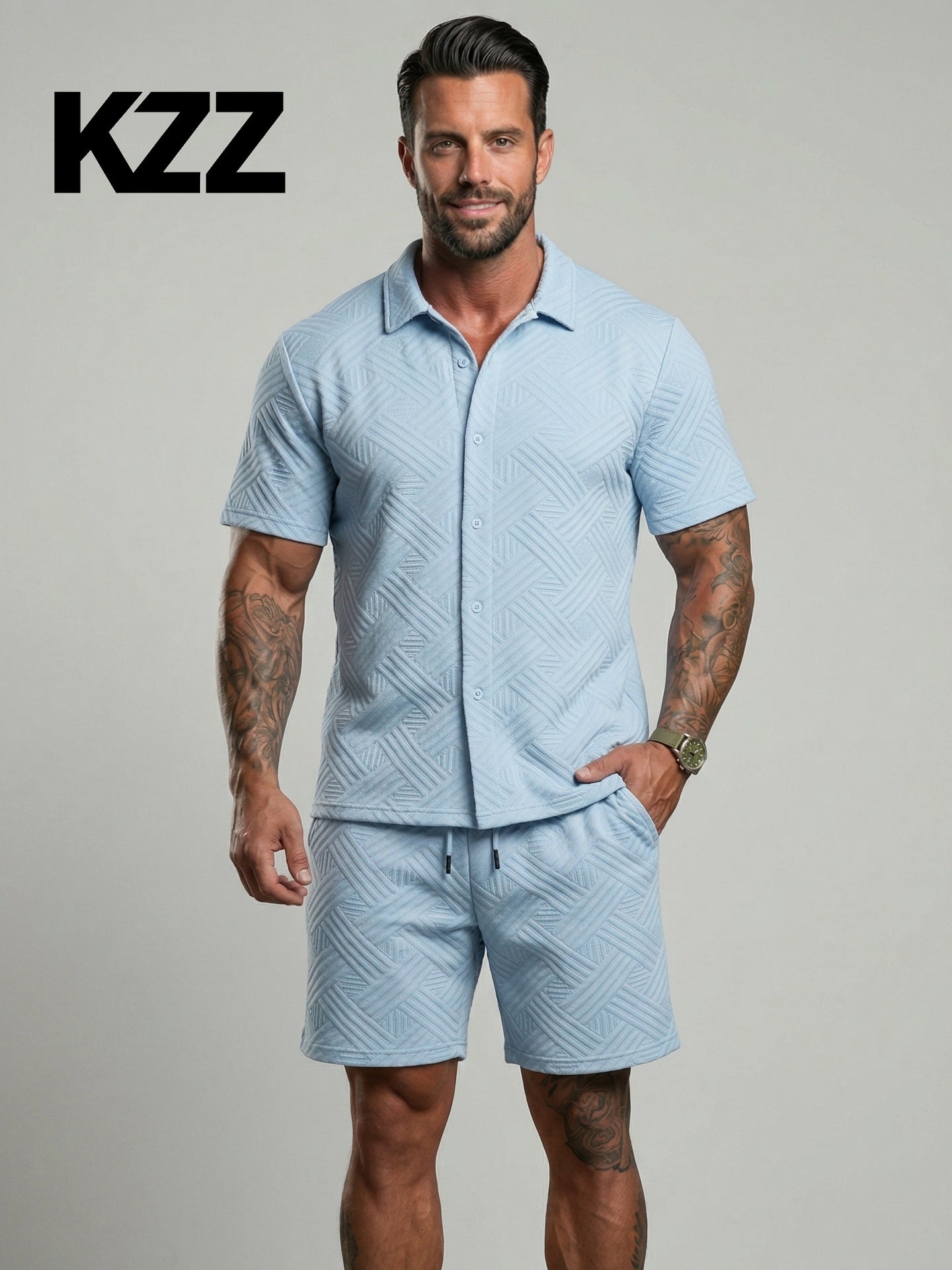 KZZ Short-sleeve button-down shirt and drawstring shorts