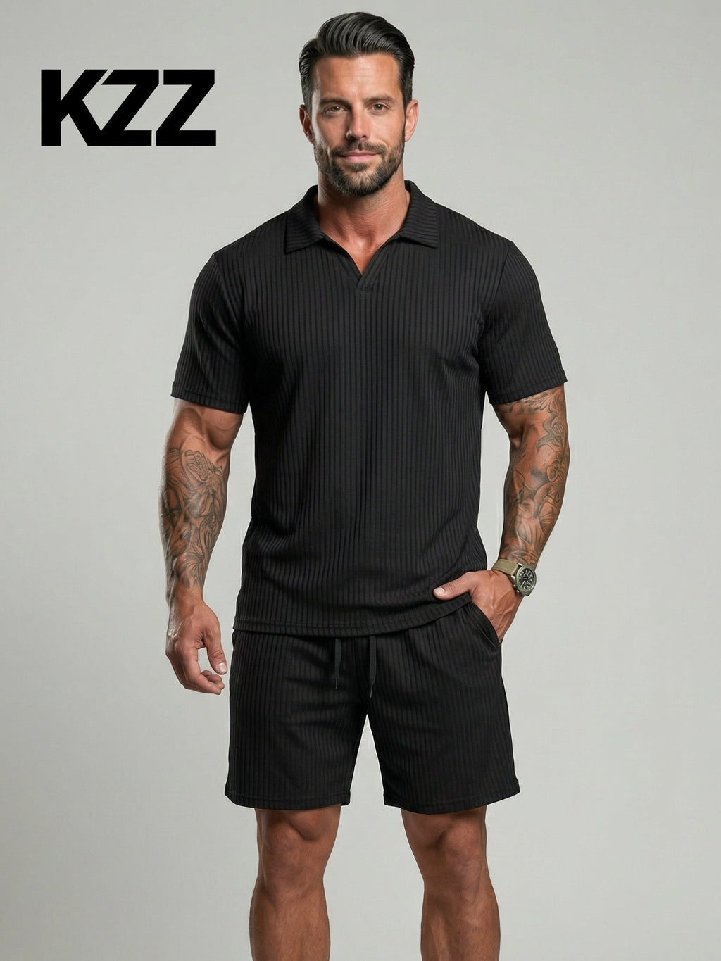 KZZ Men's Two-Piece Jacquard Knit Casual Set