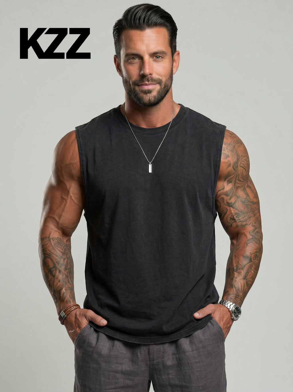 KZZ Men's Washed Sleeveless Fitted Casual Plain Vest
