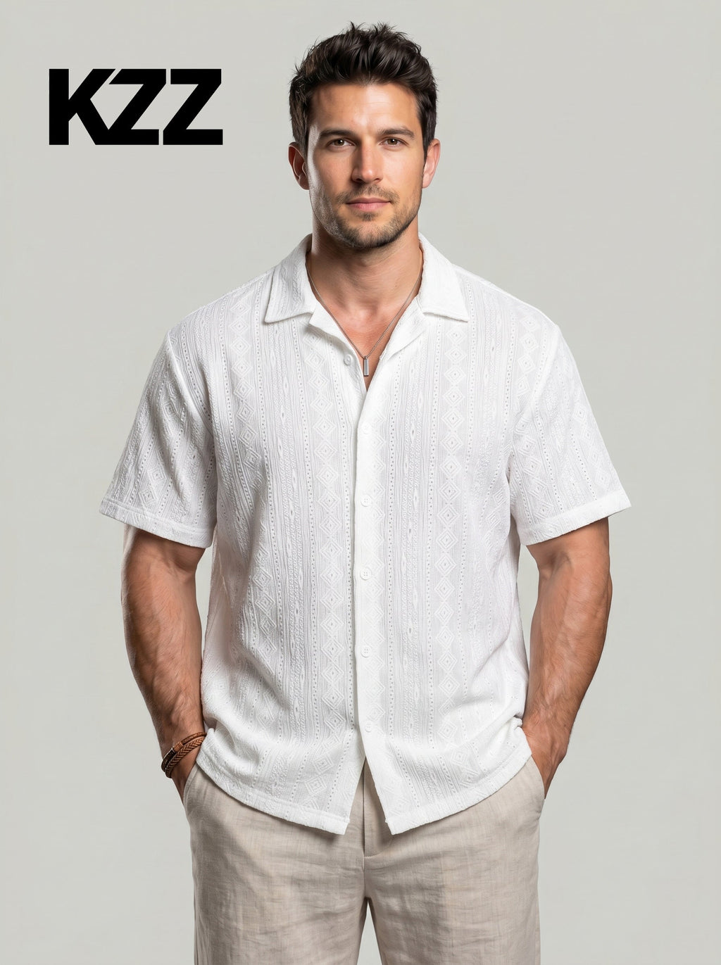 KZZ Men's Solid Coffee-Colored Short-Sleeve Shirt
