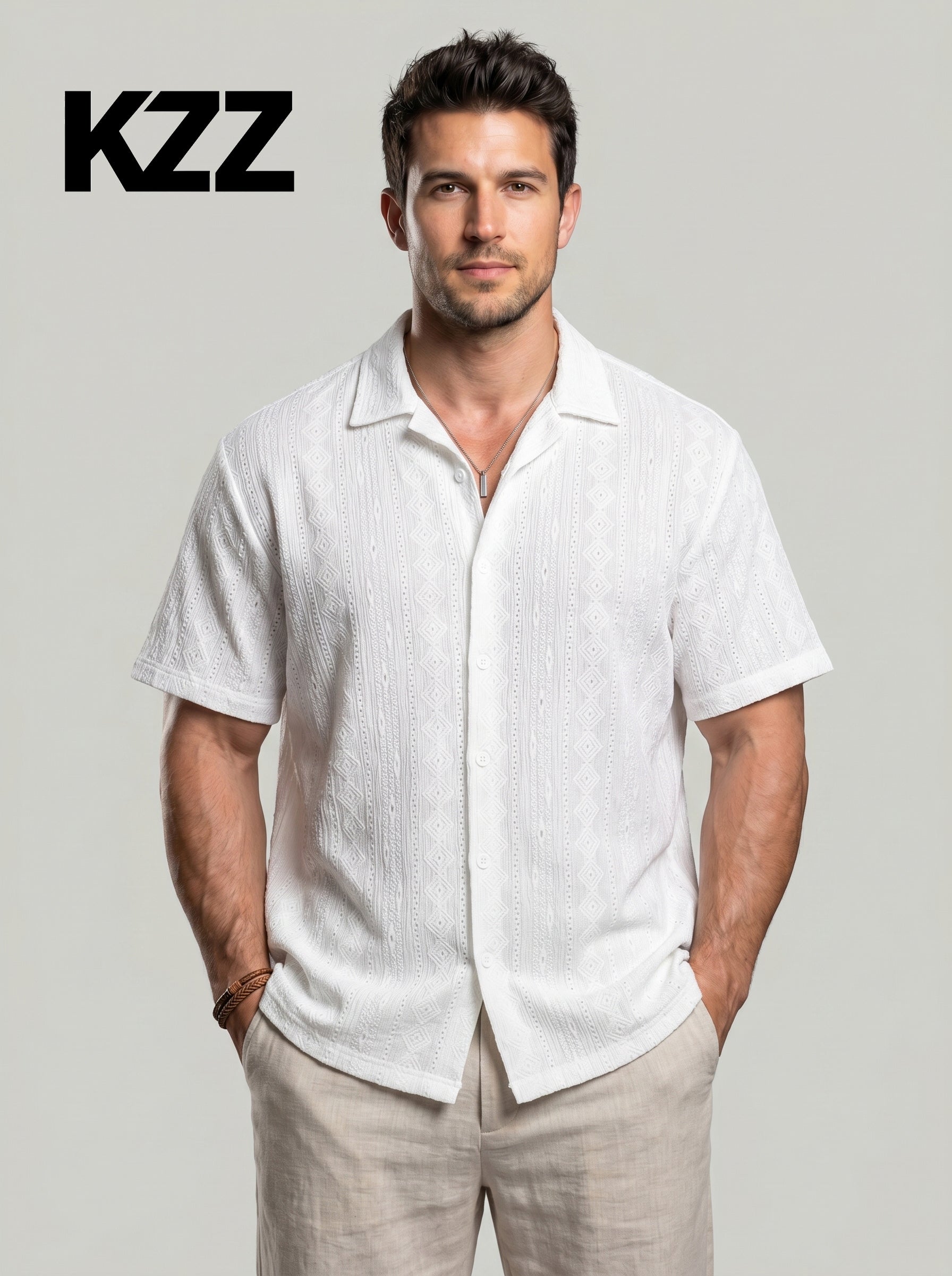 KZZ Men's Solid Coffee-Colored Short-Sleeve Shirt