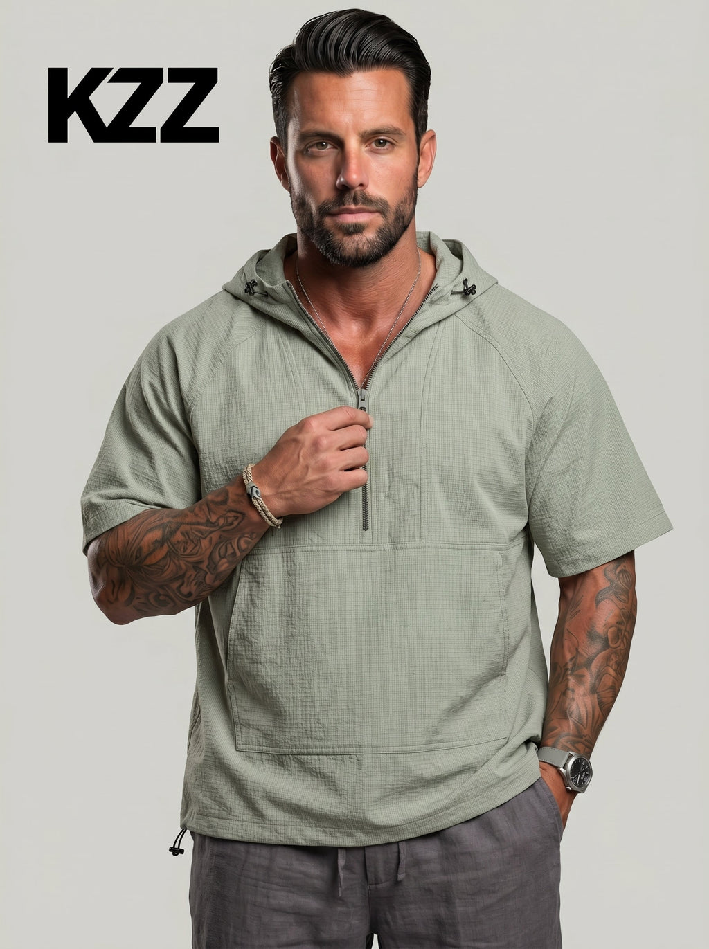 KZZ Trendy Half-Zip Short-Sleeve Top