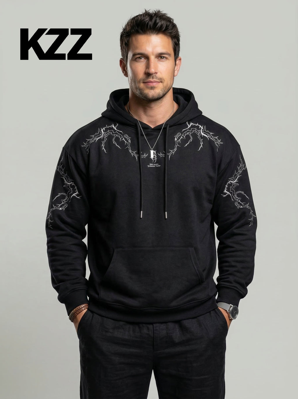 KZZ Men's Casual Loose-Fit Embroidered Thorns Hooded