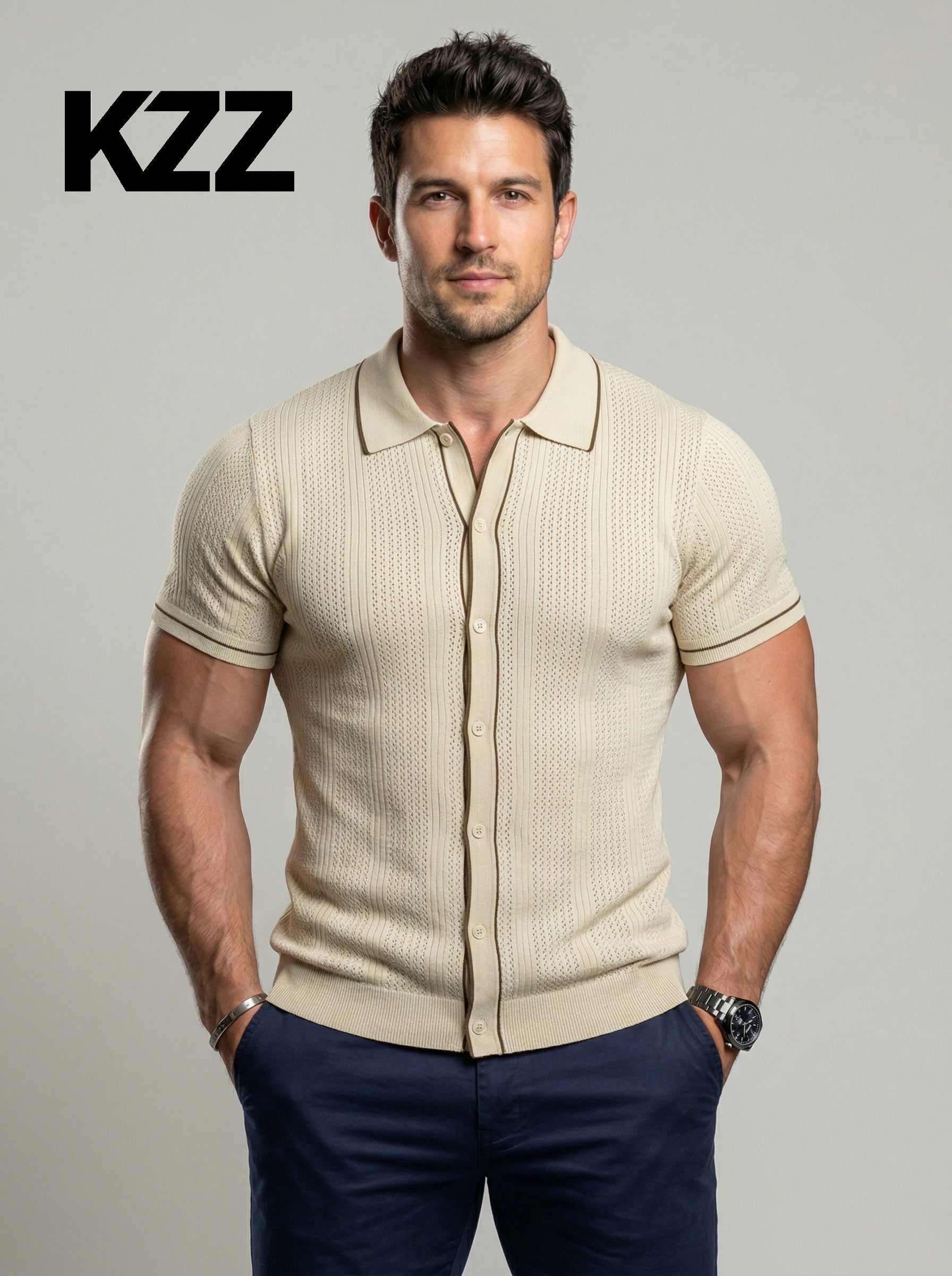 KZZ Men's Open-Knit Striped Sweater